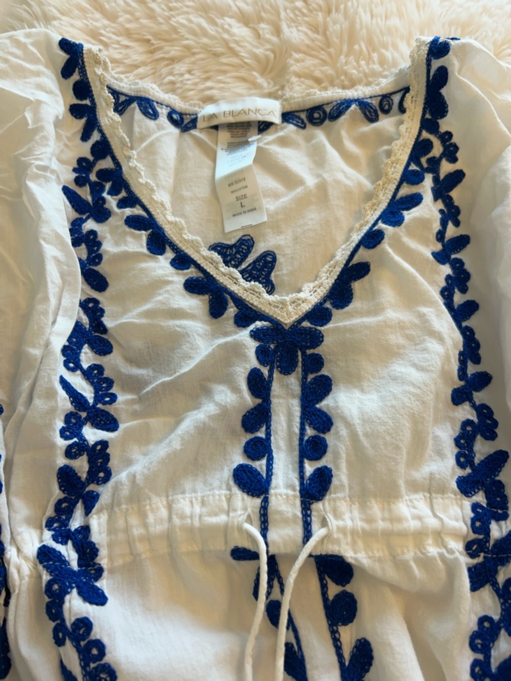La Blanca White Swim Coverup with Blue Embroidery L - Picture 4 of 11